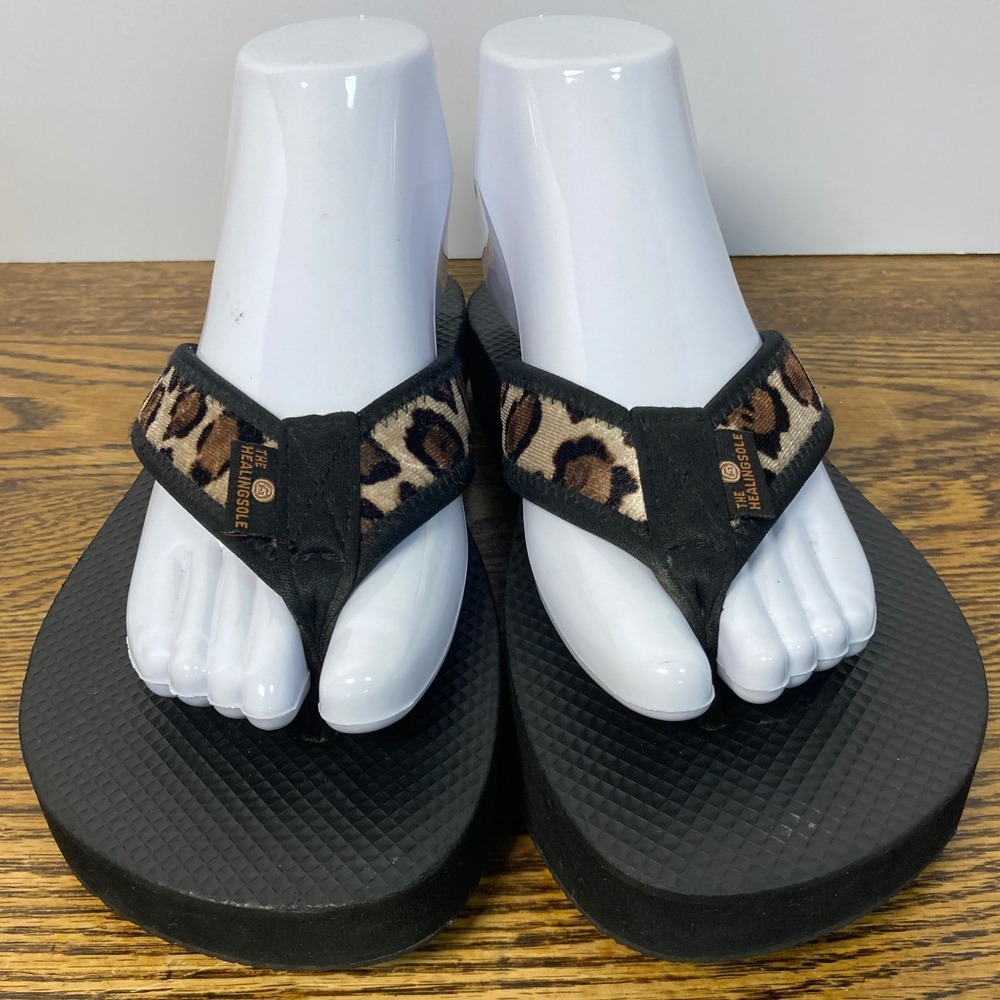 The Healing Sole Leopard Print Platform Flip Flops Womens 9  Black Sandal